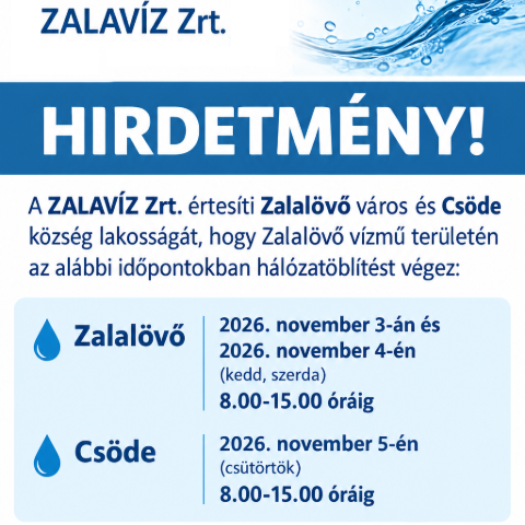 A ZALAV�Z Zrt. a Zalal�v� v�zm� ter�let�n�h�l�zat�bl�t�st v�gez