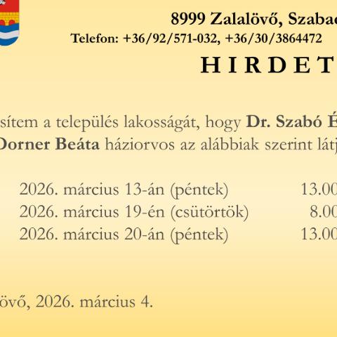 Dr. Szab� �va h�ziorvos helyettes�t�se m�rcius 13-�n, 19-�n �s 20-�n