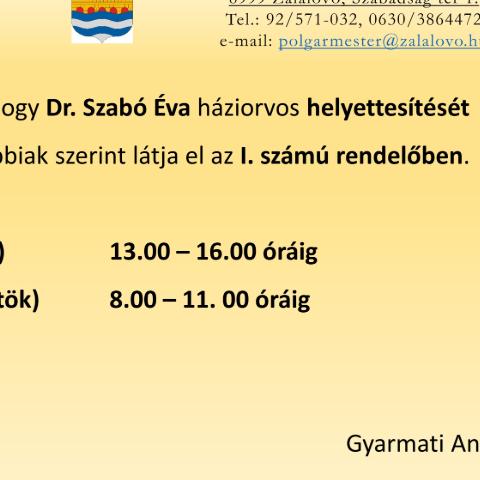  Dr. Szab� �va h�ziorvos helyettes�t�se (2026.04.29-30)