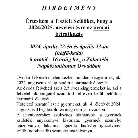 Beiratkozs a 2024/2025. nevelsi vre a Zalacsbi Napkziotthonos vodban